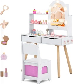 Toucador para crianças com 3 modos de iluminação colorida Brilho ajustável Estantes abertas e gavetas Branco