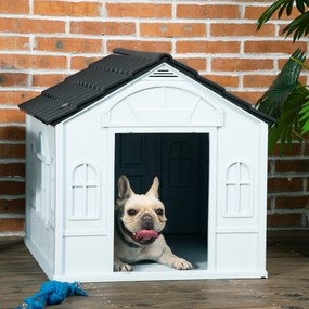 Casota para Cães 65x75,7x63 cm Casa para Cães com Janelas e Teto com Telhas de Imitação para Cães Médios Cinza e Branco