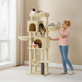 Arranhador para gatos com 190,7 cm de altura, 2 cavernas e 2 cavidades para descansar, cor areia bege