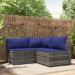 319844 vidaXL 3 pcs conjunto lounge de jardim c/ almofadões vime PE cinzento