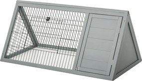 Gaiola triangular para o chão 116 C x 62,2 L x 52,5 A, recinto exterior com dois compartimentos abertos e porta, adequada para coelhos, galinhas e tar