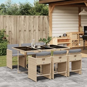 vidaXL 7 pcs conj. jantar jardim c/ almofadões vime PE bege misturado