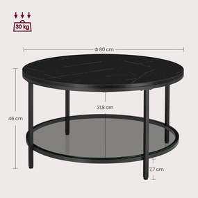 Mesa de sala com tampo em vidro 80 x 46 cm (Ø x A), estilo moderno, efeito mármore-Preto