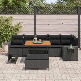 Conjunto de Sofá de Jardim vidaXL 9 Peças com Almofadas Preto Rattan A