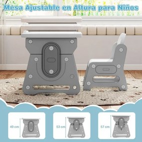 Conjunto de mesa e cadeira para crianças com quadro negro inclinado, suporte para livros e prateleira côncava para maiores de 3 anos, cinza
