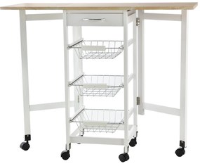 HOMCOM Carrinho Cozinha Dobrável Auxiliar Rodas Gaveta Cestos Metal Espaço Otimizado 97,2x37x77,5 cm Branco Madeira | Aosom Portugal