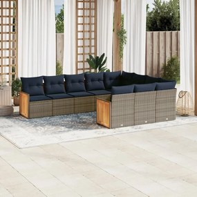 vidaXL 10 pcs conjunto sofás p/ jardim c/ almofadões vime PE cinzento