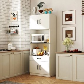 Armário de cozinha 65 x 38 x 168 cm com 4 portas e gaveta, estação de carregamento incorporada para sala de estar/jantar branco