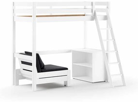Conjunto Cama alta de Criança PINO 90 x 200 cm + Estrado + Estante Livros + Sofá cama Branco