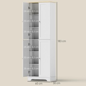 Armário de Cozinha Armário Alto de Cozinha Móvel Auxiliar de Cozinha com 4 Portas e Prateleiras Ajustáveis 60x30x183 cm Branco e madeira