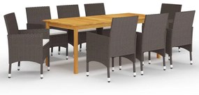 vidaXL 9 pcs conjunto de jantar para jardim com almofadões castanho