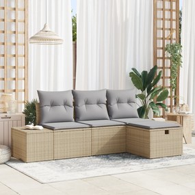 Conjunto de Sofá de Jardim de 4 Peças com Almofadas Bege Rattan Poliés