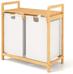 Cesto para roupa suja em bambu Organizador de compartimentos duplos com sacos para roupa suja amovíveis Casa de banho 64 x 33 x 73 cm Branco