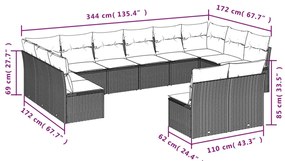 12 pcs conjunto de sofás de jardim c/ almofadões vime PE preto