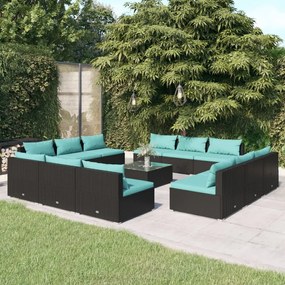 vidaXL 13 pcs conjunto lounge de jardim c/ almofadões vime PE preto