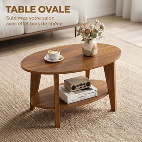 Mesa de Centro Oval, 80 x 50 x 45 cm, Arrumação em Dois Níveis, Cor Carvalho