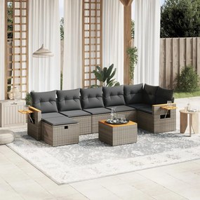 8 pcs conjunto sofás de jardim c/ almofadões vime PE cinzento