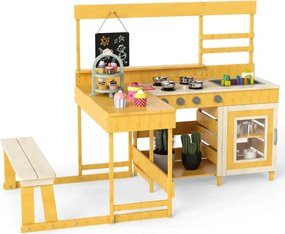 Cozinha de brincar com mesa de piquenique para crianças de madeira de abeto com banco Quadro negro Acessórios Utensílios Amarelo