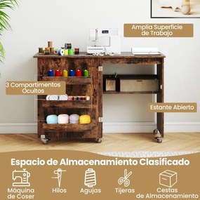 Mesa de costura dobrável com prateleira, 3 compartimentos ocultos e rodas bloqueáveis, 118,5 x 40 x 79,5 cm, castanho