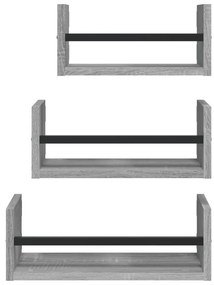 3pcs prateleiras parede c/ barras deriv. madeira cinza sonoma