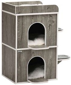 PawHut Casa para Gatos de Madeira com Forma de Barril 3 Almofadas 2 Orifícios Frontais e 2 Plataformas Laterais 68x53x80,5cm Cinza