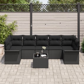 Conjunto de Sofá de Jardim de 8 Peças com Almofadas Rattan Poly Preto