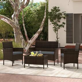 Conjunto de jardim, 4 peças: mobiliário de exterior com cadeira, sofá de 2 lugares e mesa de vidro temperado Castanho misto e almofadas Cinzentas
