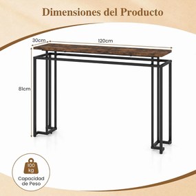 Mesa de Consola de 2 Níveis, 120 x 30 x 81 cm, Estrutura Metálica Resistente, Castanho+Preto
