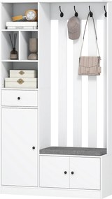 Móvel de entrada 4 em 1 100 x 30 x 180 cm, guarda-roupa de entrada com banco com espaço de arrumação, prateleira ajustável, 4 ganchos, branco