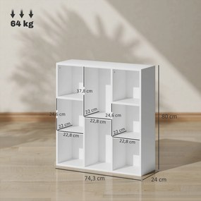 Estante de 3 Níveis Estante para Livros com 8 Compartimentos Desenho Vertical ou Horizontal 74,3x24x80 cm Branco
