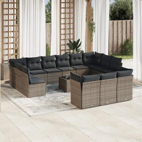 14 pcs conjunto sofás p/ jardim c/ almofadões vime PE cinzento