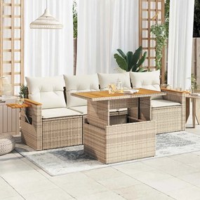 vidaXL 5 pcs conj. sofás p/ jardim c/ almofadões vime PE/acácia bege