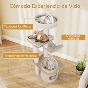 Arranhador para gatos de 151 cm com vários níveis, com poleiro acolchoado, caverna de 2 níveis, poste para arranhar e rede natural + branco