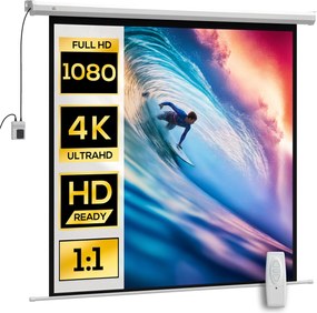 Ecrã de projeção motorizado de 85 polegadas, 4K HD elétrico, montagem na parede ou no teto, painel de controlo e comando à distância branco