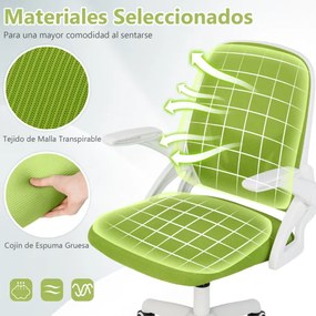 Cadeira de escritório ergonómica com apoio lombar integrado, apoios de braços rebatíveis, rodas universais, altura ajustável, Verde