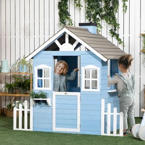 Outsunny Casa de Madeira para Crianças Casa de Madeira Infantil Exterior para Crianças de 3-7 Anos com Porta Janelas Vasos e Cercas Laterais 151x112,5x142 cm Azul