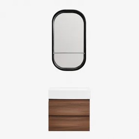 Conjunto De Móvel De Casa De Banho Em Madeira E Chapa De Freixo Com Lavatório Integrado Ona Madeira Escura & Oval Com Prateleira Preto - Sklum