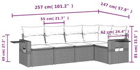 5 pcs conj. sofás jardim c/ almofadões vime PE cinzento-claro