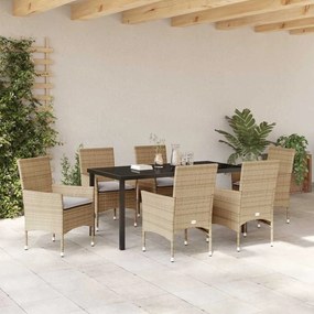 Conjunto de Jantar Jardim 7 Peças com Almofadas Bege de Rattan Sintéti