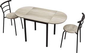 Conjunto de mesa oval extensível e 2 cadeiras – mesa com abas – metal e MDF – preto e natural