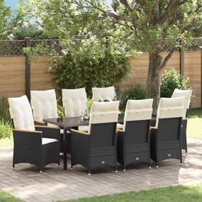 vidaXL Conjunto de Jantar de Jardim de 9 Peças com Almofadas Preto Rattan PE