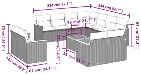 12 pcs conj. sofás jardim c/ almofadões vime PE bege misturado