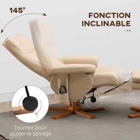 Poltrona de relaxamento com massagem e pufe, poltrona giratória a 360°, encosto reclinável, 80 x 86 x 99 cm, creme