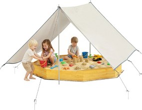 Caixa de areia crianças em madeira com toldo 214,5 x 214,5 x 22,5 cm, caixa de areia infantil para exterior com 4 bancos, forro no fundo, amarela