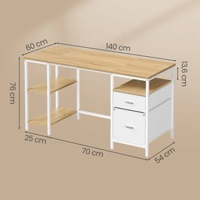 Secretária com 3 prateleiras e 2 gavetas 140 x 60 x 76 cm em cor de carvalho natural-branco