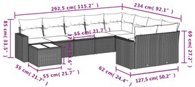 10 pcs conjunto de sofás p/ jardim c/ almofadões vime PE preto
