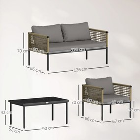 Conjunto de Jardim de Vime Sintético de 4 Peças Inclui 1 Sofá Duplo 2 Cadeiras e Mesa de Centro com Almofadas Madeira e Cinzento