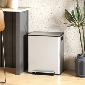 Caixote do lixo de cozinha com 2 compartimentos de 2 x 25 L, aço inoxidável, tampa com fecho suave, 47,7 x 37,5 x 56 cm, prateado