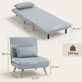 Poltrona  convertível 3 em 1: poltrona-cama individual com encosto de 5 posições, em tecido com almofada, cinzenta