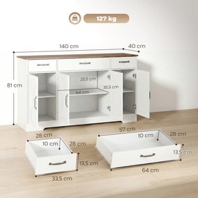 Aparador de Cozinha, 140 x 40 x 81 cm, 4 Portas Tipo Celeiro, Branco